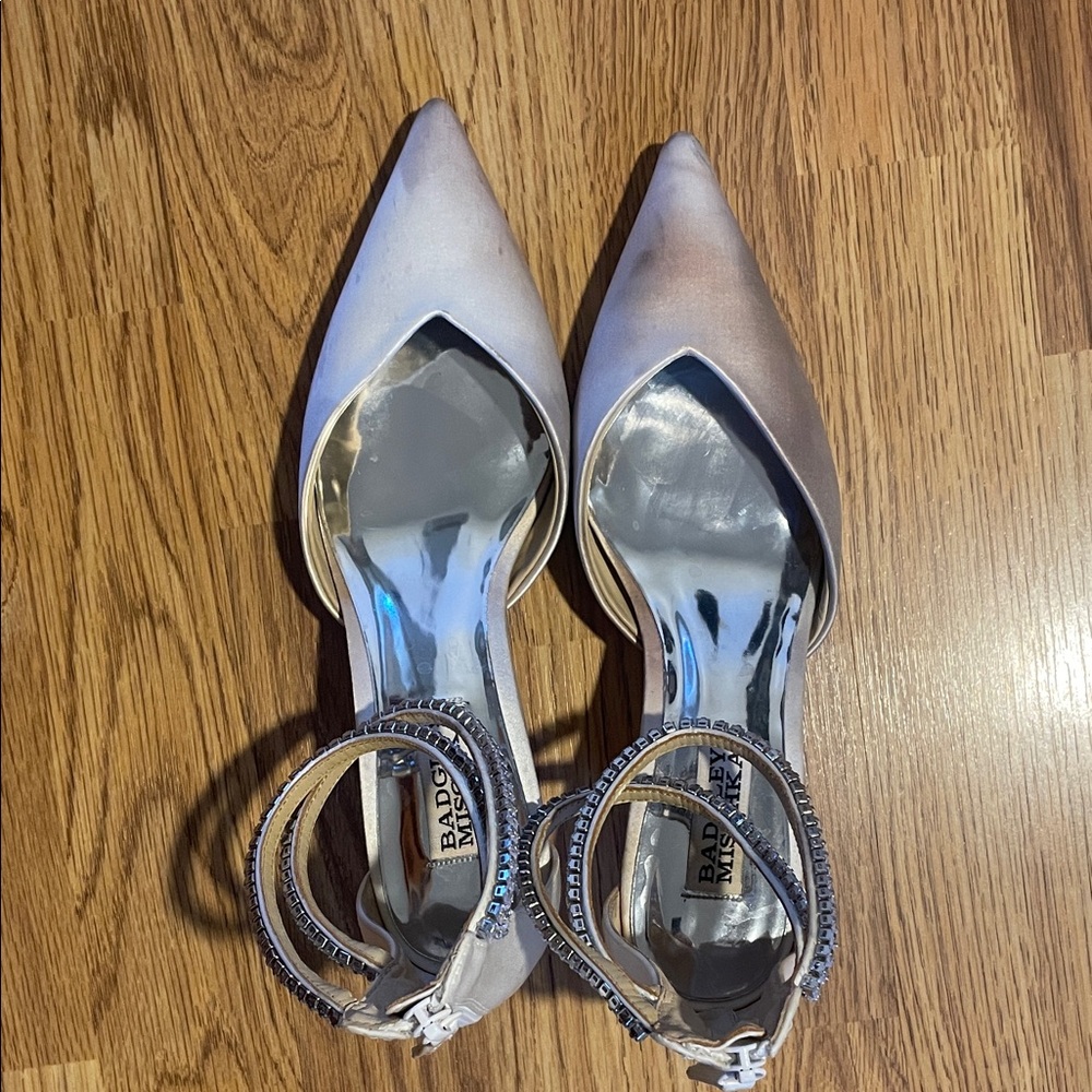 Badgley Mischka White Satin Pointed Toe Crystal Ankle-Strap Kitten Heels